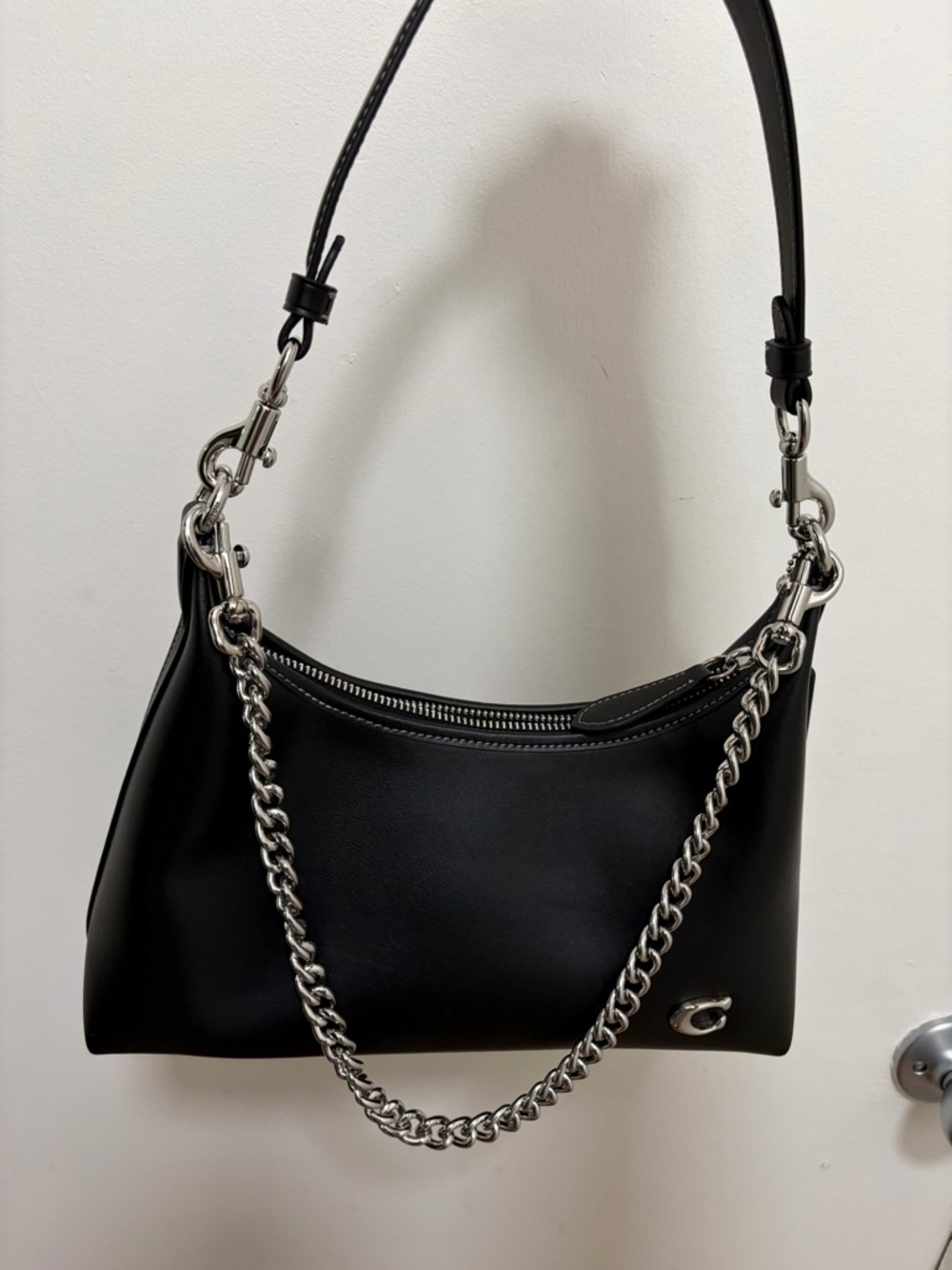 Coach Black Leather Shoulder Bag with Silver Chain